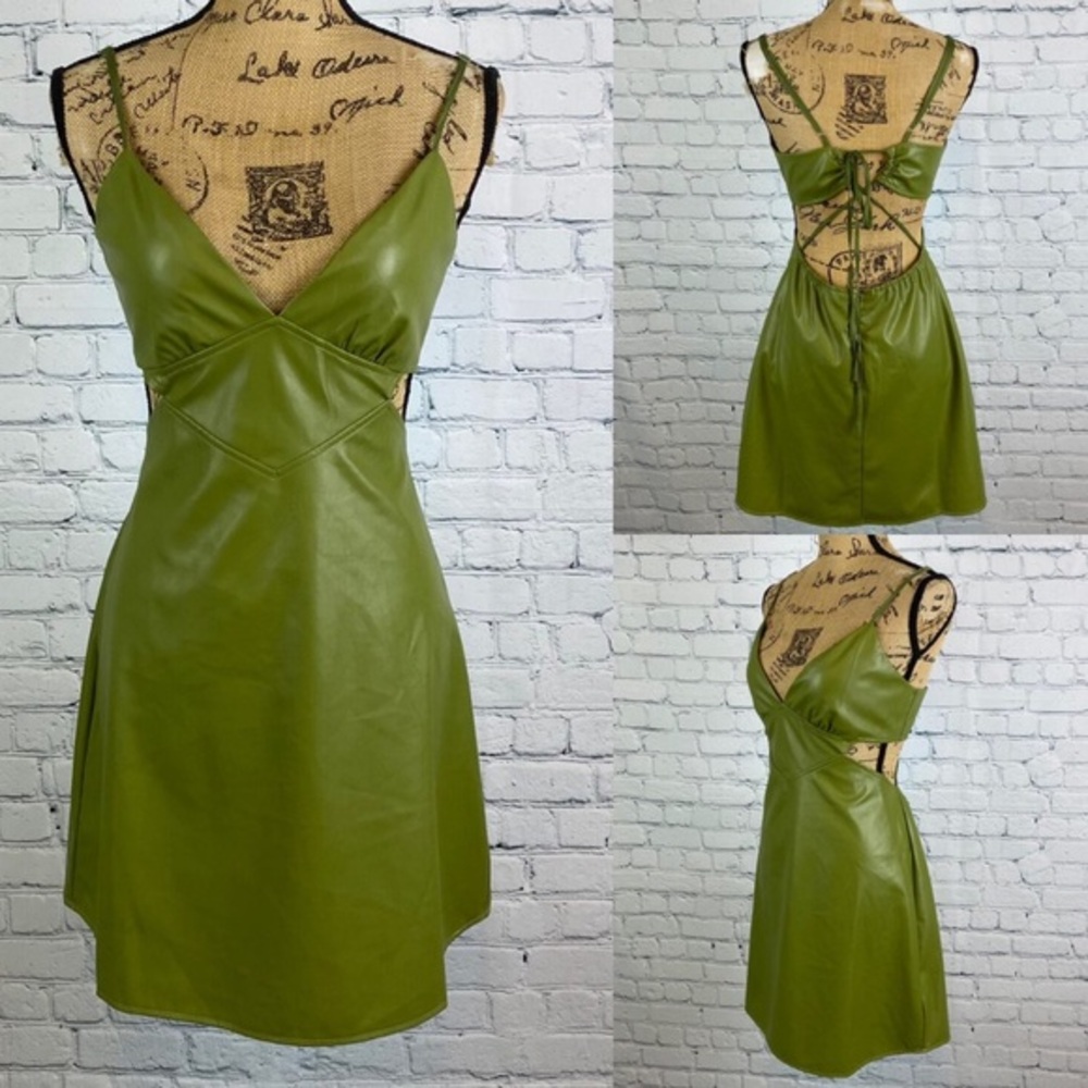 Fashion Nova Olive Green Faux Leather Lace Up Back Dress